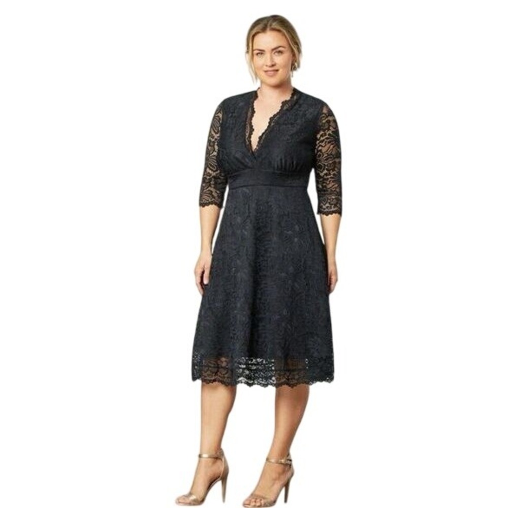 Kiyonna Mademoiselle Lace Cocktail Dress Fit & Flare Midi‎ Onyx Black 3X Plus